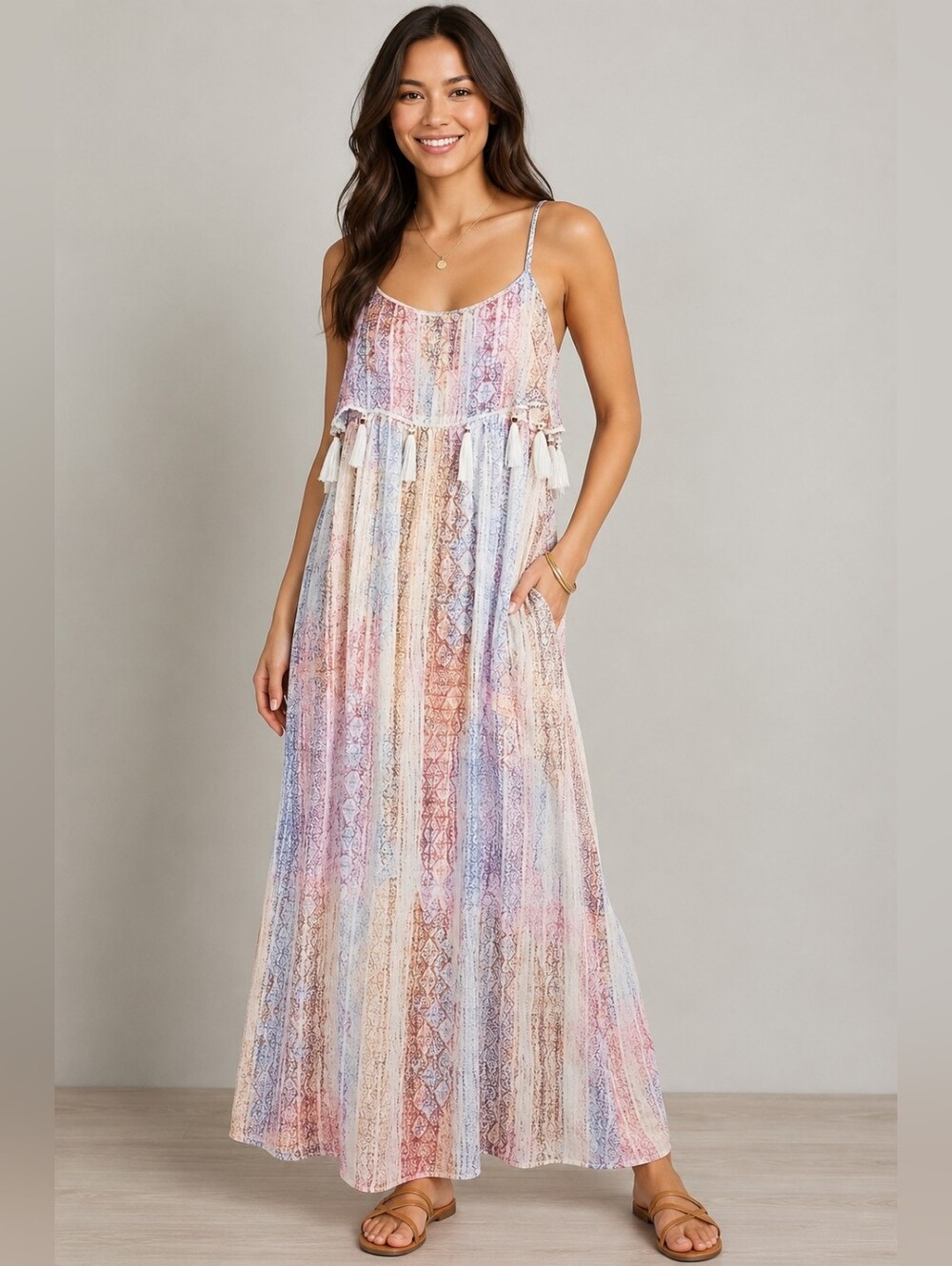NWT Design Lab Lord & Taylor Women's Pastel Multi Print Tassels Maxi Dress M
